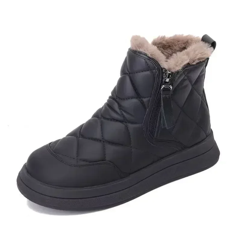 Damen Winter Plüschgefütterte Schneestiefel Rautenmuster Gestepptes Obermaterial Seitenreißverschluss Dicke Sohle Warme Rutschfeste Kurze Knöchelhohe Baumwollschuhe – Detail 13