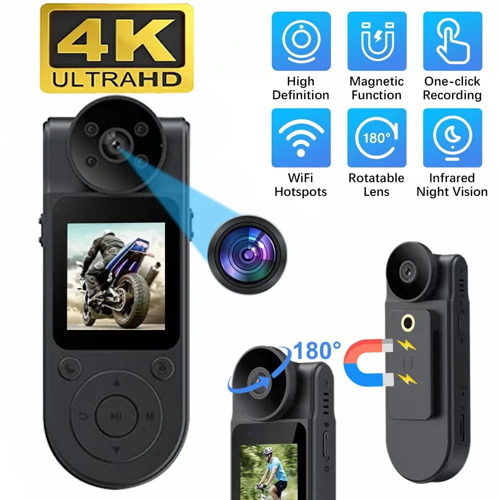 

4K 1080P HD Body Camera 180 ° Rotate Lens Portable Police Video Recorder Infrared Night Vision Outdoor Sports Bike Camcorder