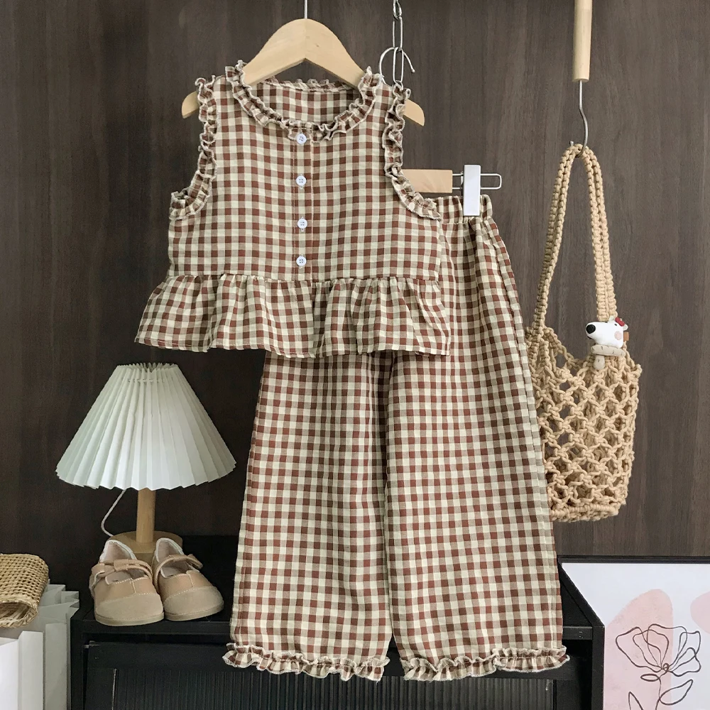 Freizeitanzug für Mädchen und Teenager im Alter von 2-10 Jahren mit kariertem Spitzenoberteil und Hose, zweiteiliges Set, koreanische Version
