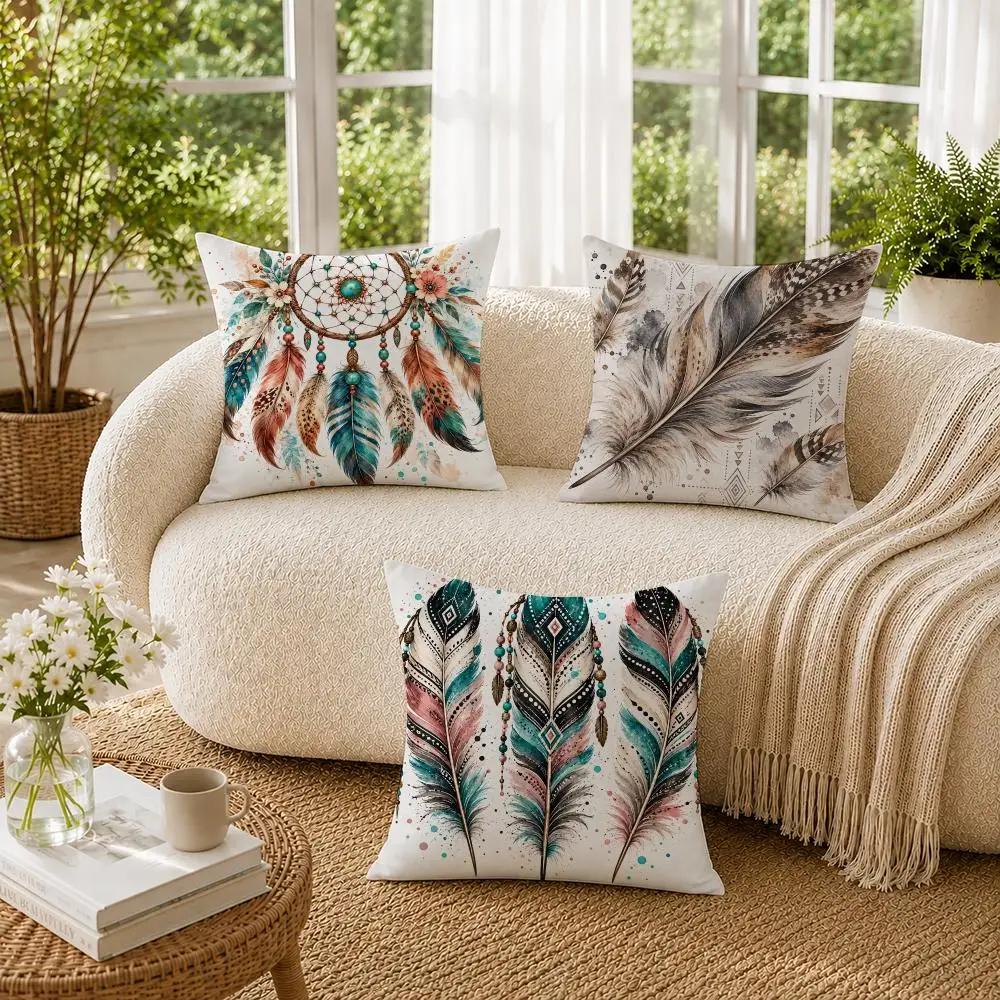 Feather Colorful Bird Feathers Boho Cushion Cover Soft Pillow Cases Hidden Zipper Cutecore Sofa Bedroom Home Decor Gift