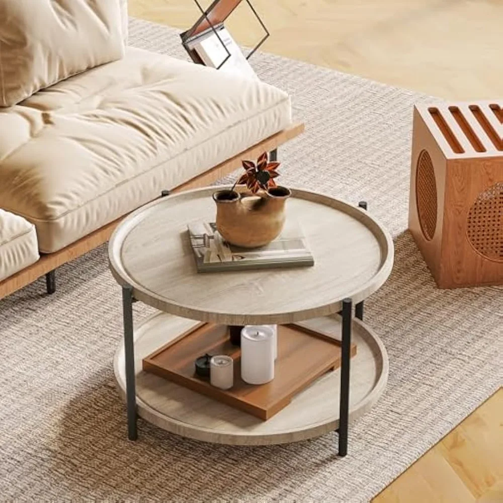 

2 Tier Wooden Round Coffee Table, Modern Accent Center Table with Storage, Circle Cocktail Tables Small Spaces Home Furniture, T