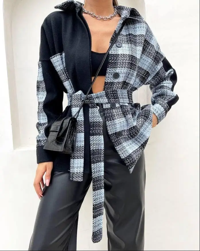 

New for Women 2024 Spring Summer Jacket Turn-Down Collar Long Sleeve Plaid Print Colorblock Button Front Daily Shacket with Belt