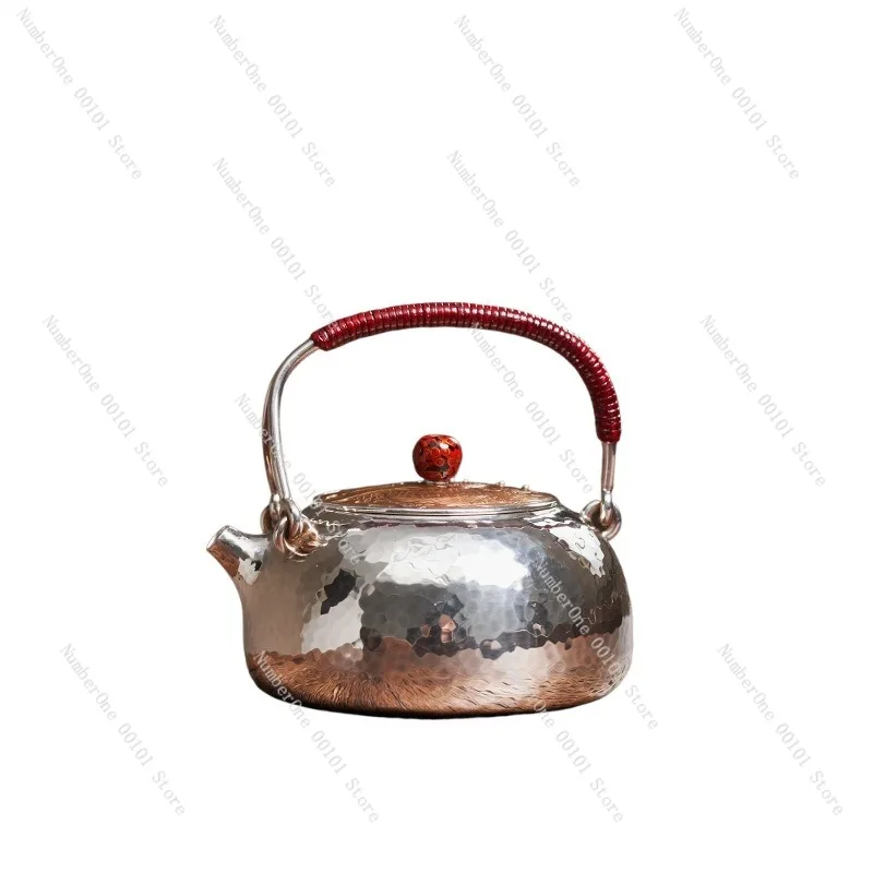 Elegant Handmade Silver Plated Copper Kettle Japanese Style Tea Boiling Pot Retro Lift Handle Teapot for Brewing and Serving Tea
