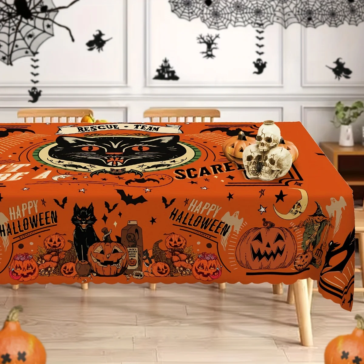 One rectangular circular tablecloth, Halloween tablecloth, black cat pumpkin vintage tablecloth, painted bat crow scarecrowzyc