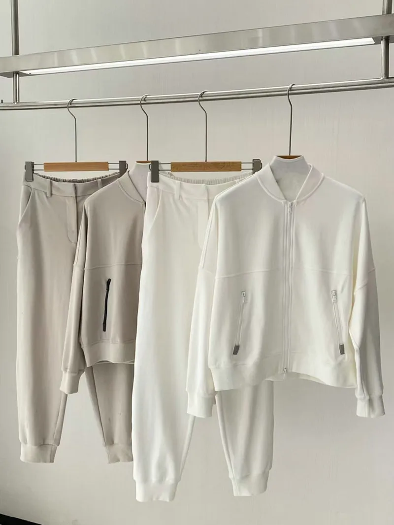 

Spring And Summer New Women's Sweater Suit Zipper Casual Jacket With Elastic Waist Trousers Two-piece Set