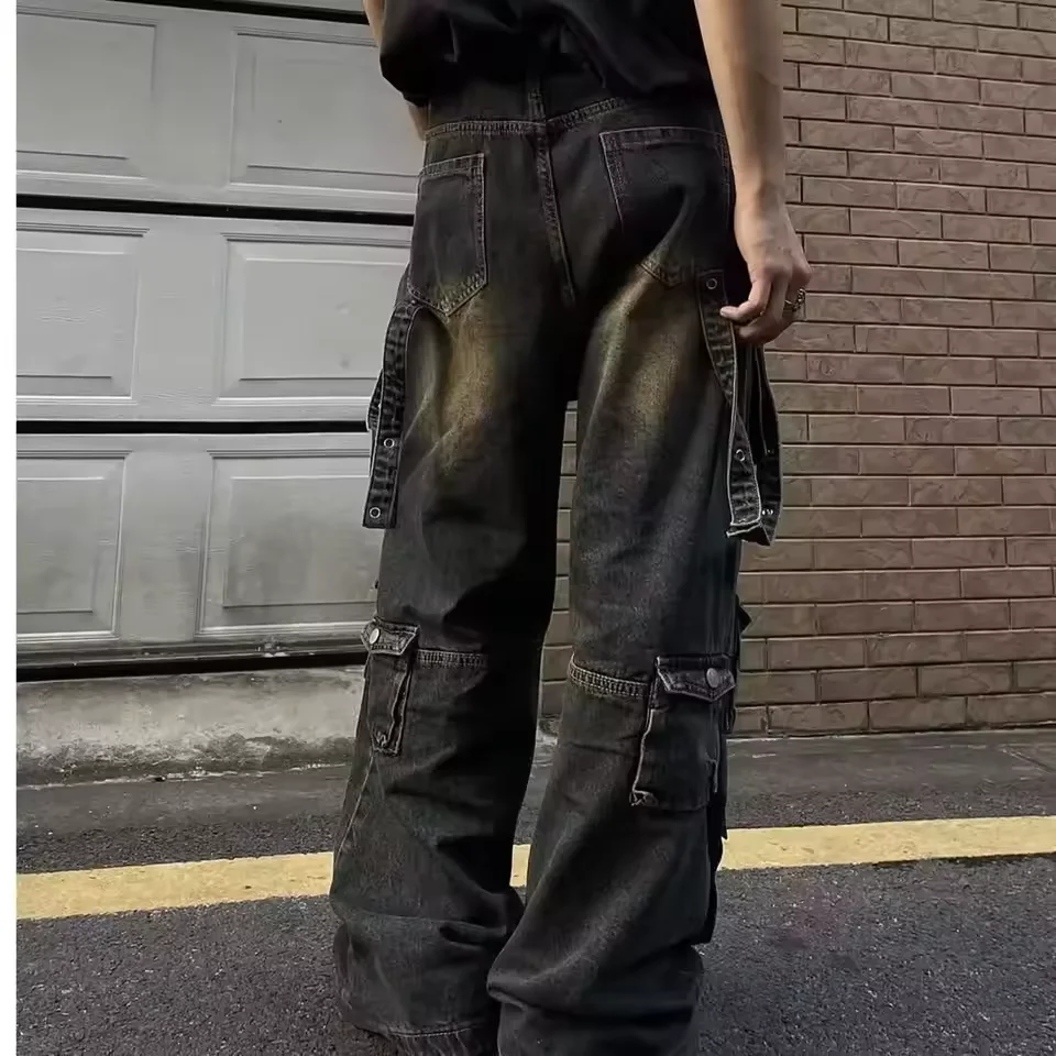 الخريف Y2K شارع العليا الجينز رجالي متعدد جيب الهيب هوب البضائع السراويل خمر مستقيم واسعة الساق سراويل جينز موضة الشارع الشهير