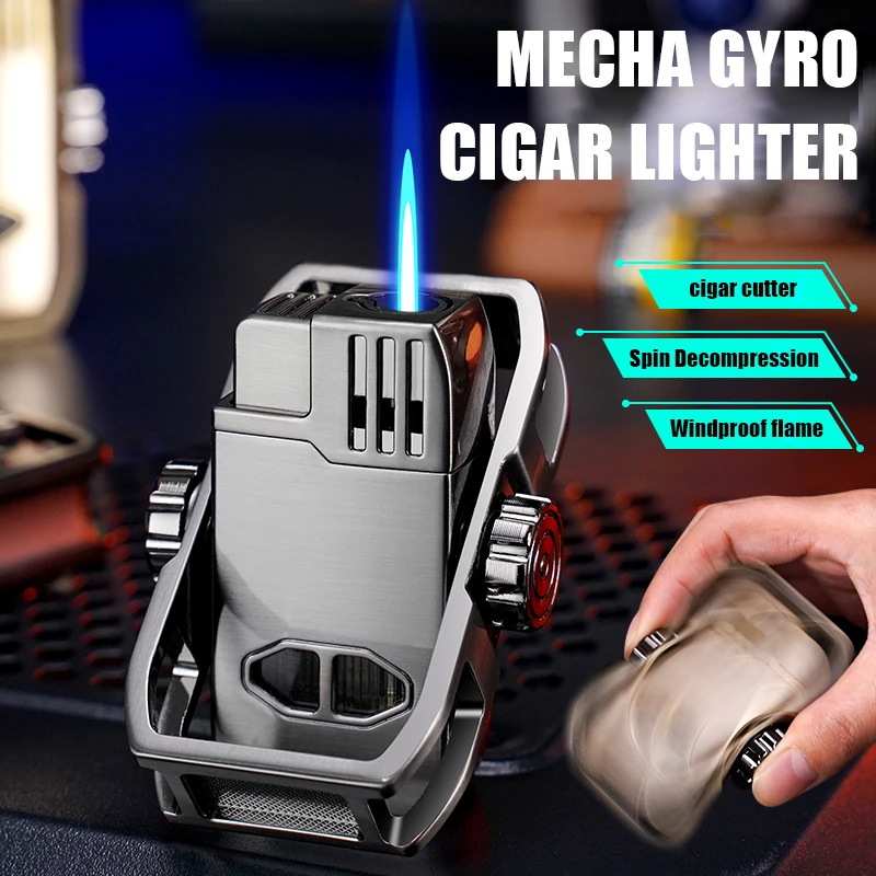 Fingertip Gyro Decompression Cigar Lighter Windproof Blue Flame Visible Gas Window Bottom Cigar Cutter Design Cigar Rest