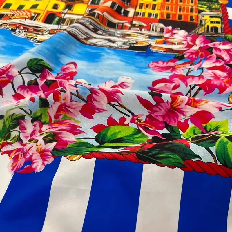 

Сине-белая полоска/лодка/строиние/цветочный узор, поплиновая хлопковая ткань с принтом для женского платья, блузки, материал для шитья своими руками