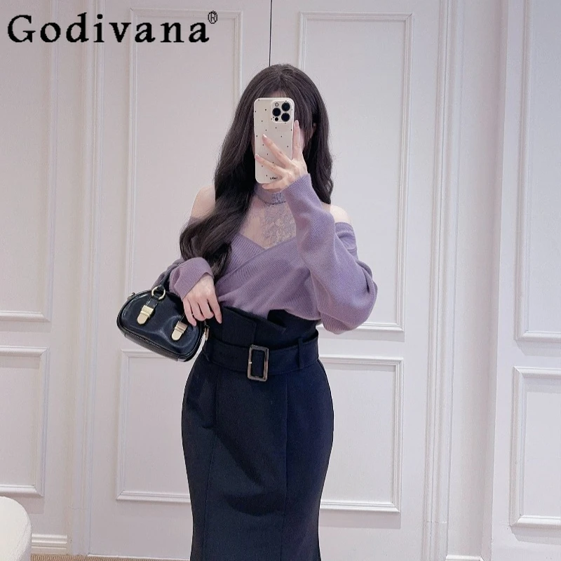 

Sweet Pure Desire Style Lace Sweater Ladies Patchwork Cross Off Shoulder Jumpers Women's Japanese Fake Two Piece Knitted Sweater