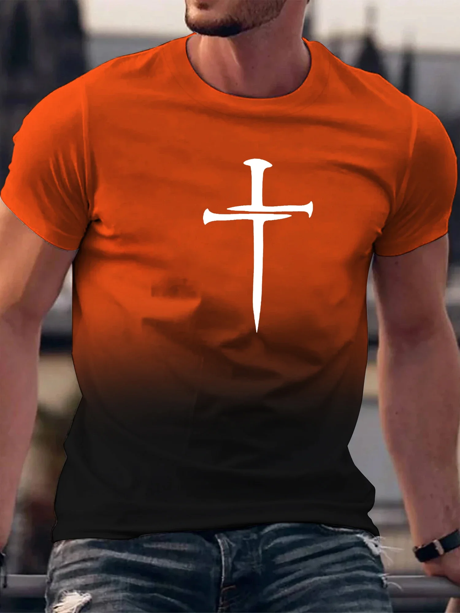 New Christian Cross Pattern Print Men\'s Comfy O-Neck T-shirt Graphic Tee Summer Clothes Outfits T Shirts