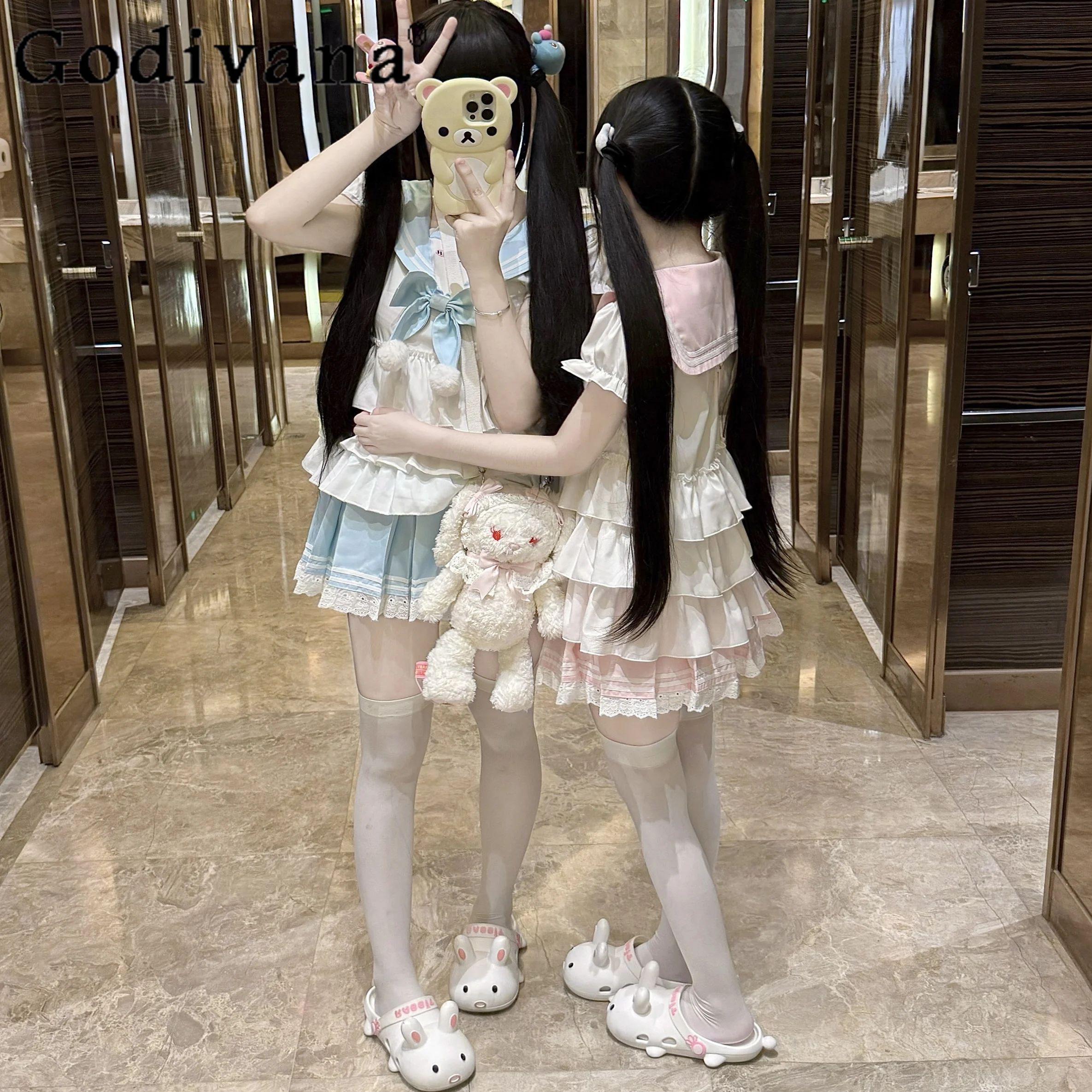 

Original Japanese Girl's Kawaii Navy Collar Short-sleeved Top Skirt 2-piece Set Daughter Y2k Mini Skirt Set Clothes Summer 2025