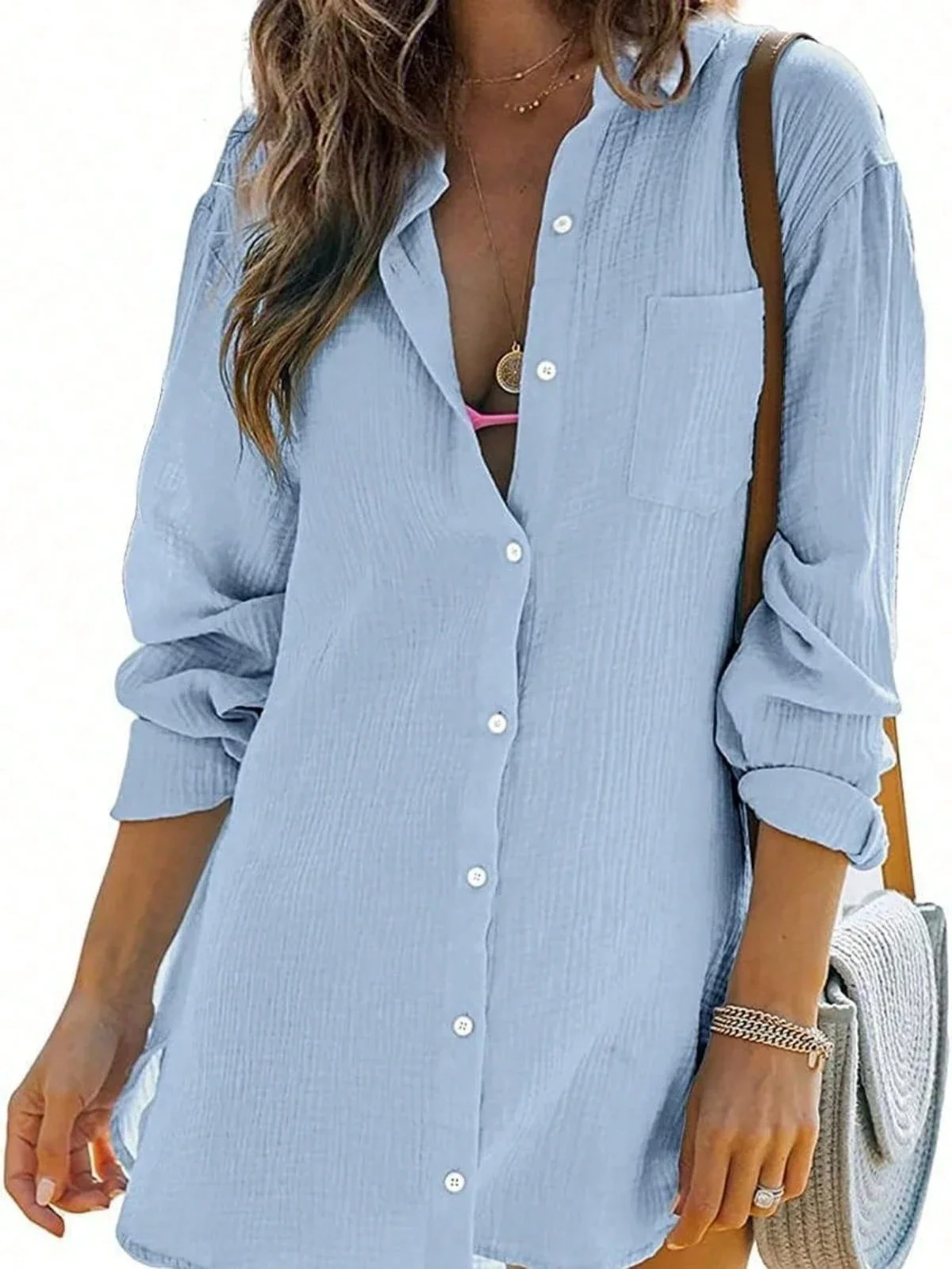 

Women's Cotton Gauze Button Down Long Sleeve Beach Cover Up Shirt
