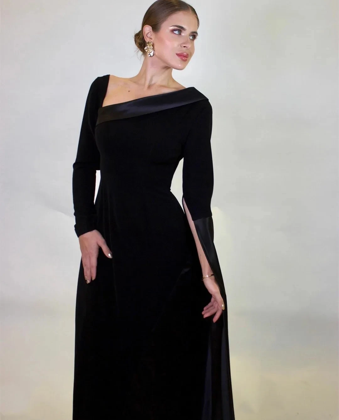 Classic Black Evening Formal Dress Asymmetrical Neck Sleeve Ankle Length Sheath Stain Prom Pageant Party Gowns Robe De Soiree