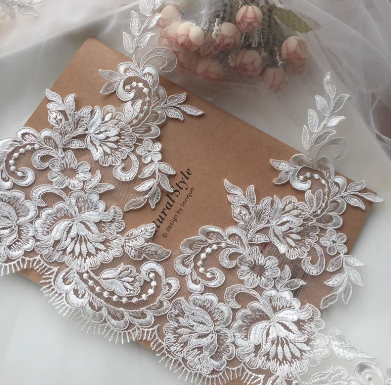 3 Yards/Lot 26CM Elfenbeinweiße Rayon-Blumenbordüren-Spitzenborte für Hochzeitsschleier, Vorhang, Kleidung, Tischdecke, DIY-Zubehör – Detail 6