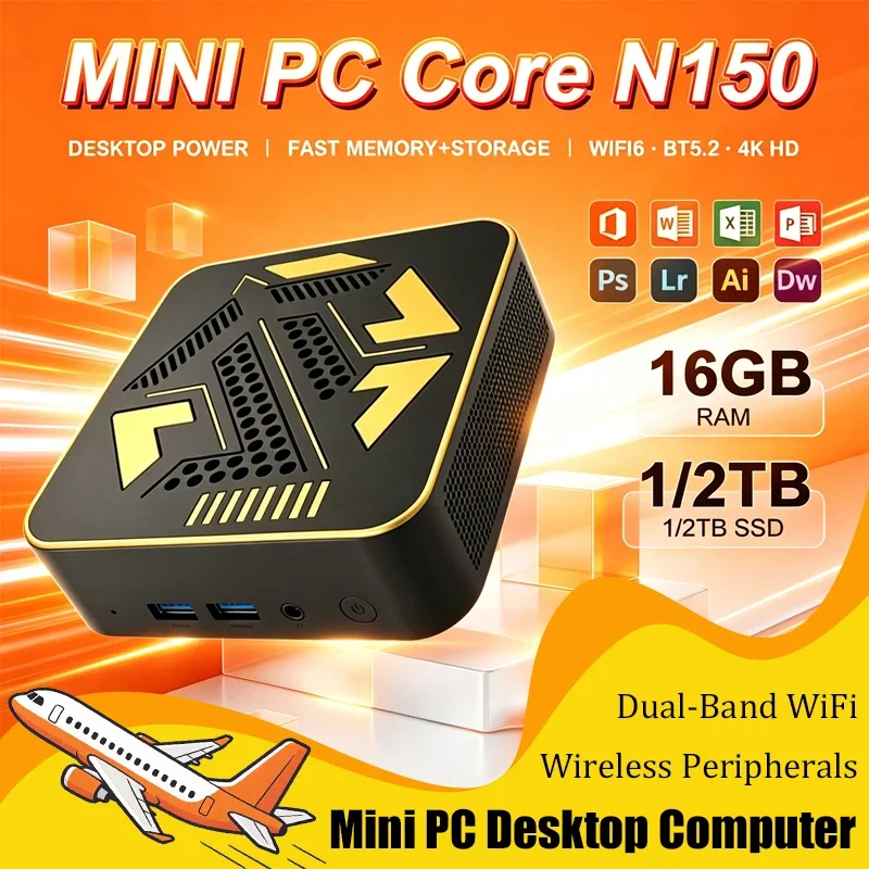 Intel N150 Mini PC 16GB+2TB High Speed Storage HDMI 4K Output Gigabit WiFi6 Windows 11 Compact for Gaming Office Study