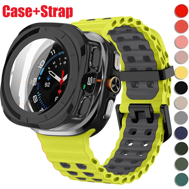 Hülle+Armband für Samsung Galaxy Watch 7 Ultra 47mm Zweifarbiges Sport-Silikonarmband für Galaxy Watch Ultra(2025) Schutzhülle