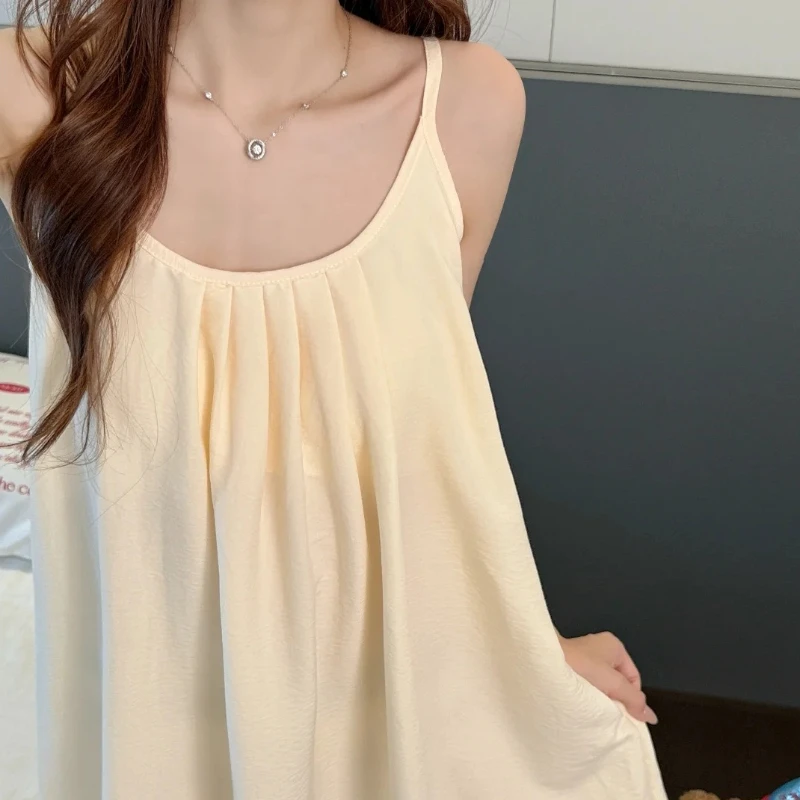 Summer New Korean Cloud Cotton Solid Color Loose Suspender Mid Length Skirt Simple Casual Home Sleeping Skirt