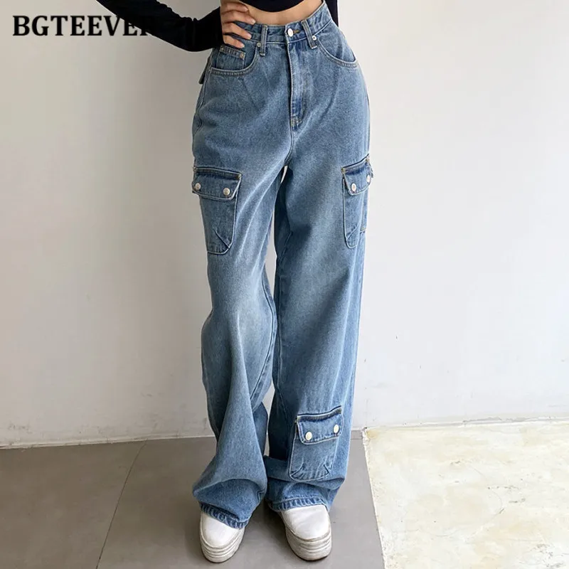 

BGTEEVER Fashion High Waist Loose Pockets Female Wide Leg Jeans Pants Floor-Length Women Denim Trousers