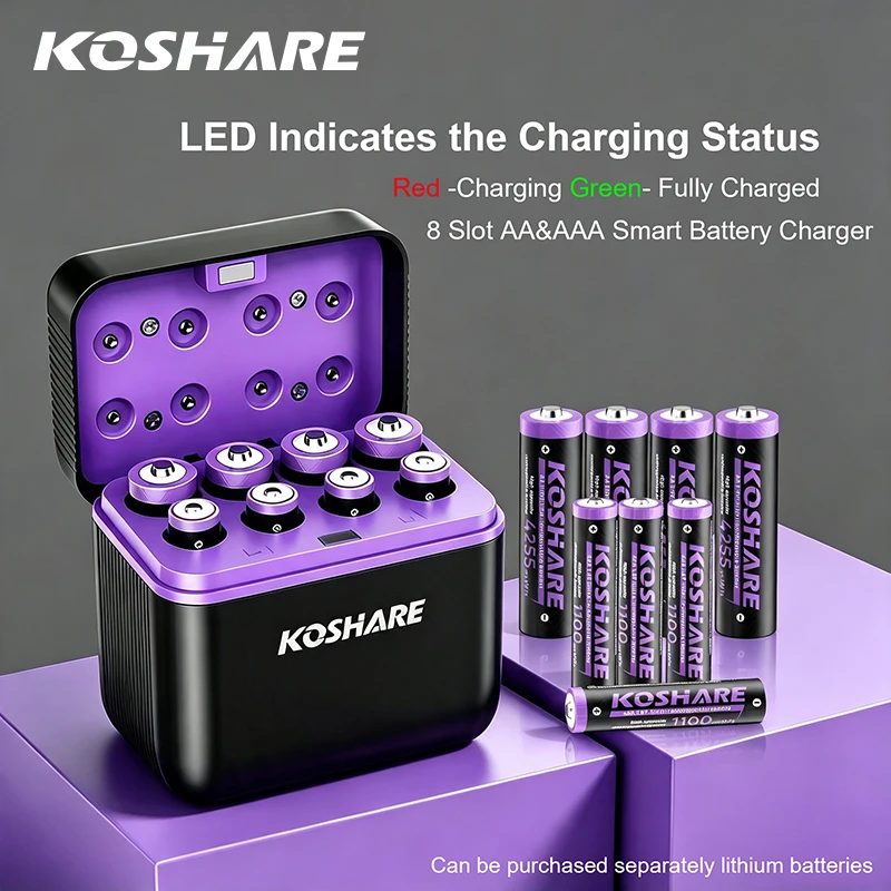 KOSHARE 1,5V Wiederaufladbare Lithium-Batterien Ladegerät-Set mit AA AAA Li-Ionen-Akku und 8-Slot LED-Display Smart-Ladebox