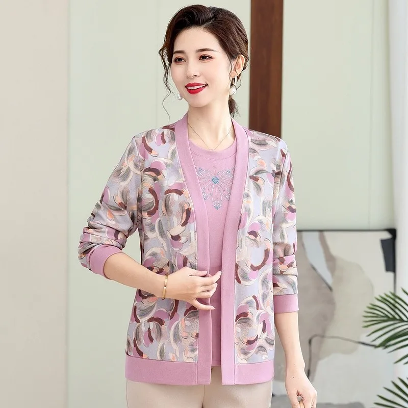

Middle-Aged Elderly printing Cardigan Women Spring Summer Two Piece Set Short-Sleeved New knitting tops Long-Sleeved Coat
