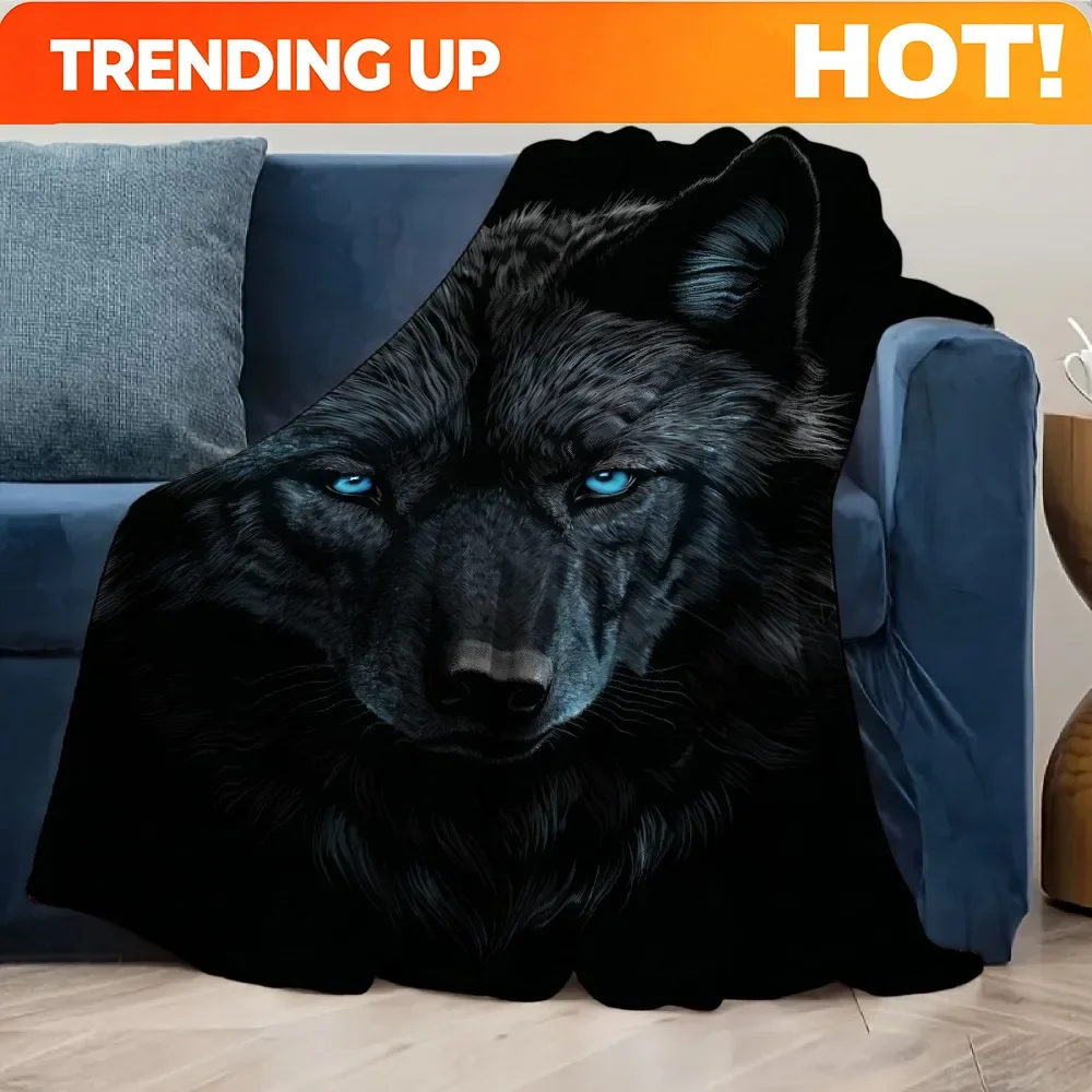 Customization 1pc Four Seasons Suitable Flannel Blanket Black Wolf With Blue Eyes For Travel, Camping Afternoon Nap Blanket Is S