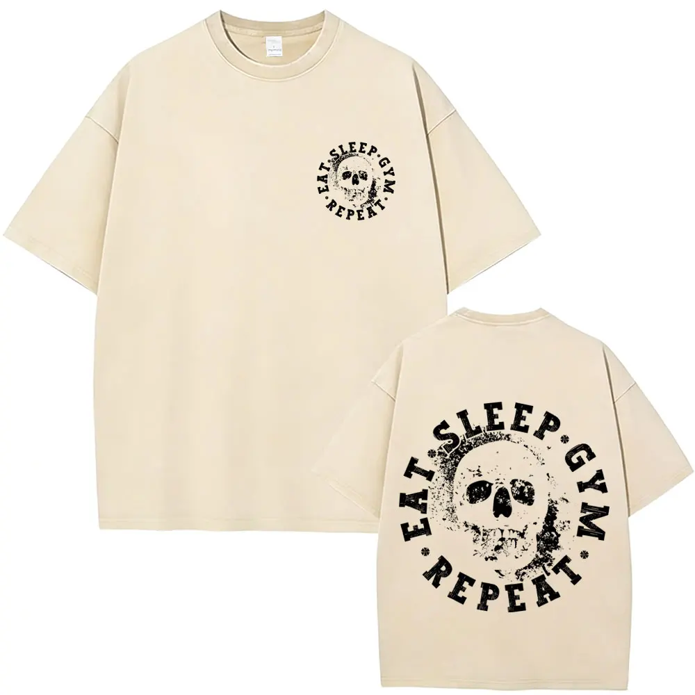 

Washed Vintage Eat Sleep Gym Repeat Skeleton Graphic T-shirt Men Women Fitness Casual Cotton T Shirts Men's Oversized Streetwear