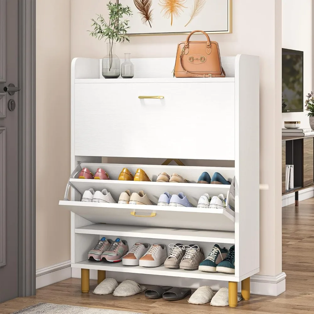 

Shoe Cabinet, 2-Tier Shoe Storage Cabinet with Flip Doors, Vintage Entryway Shoe Organizer Rack with Open Shelves