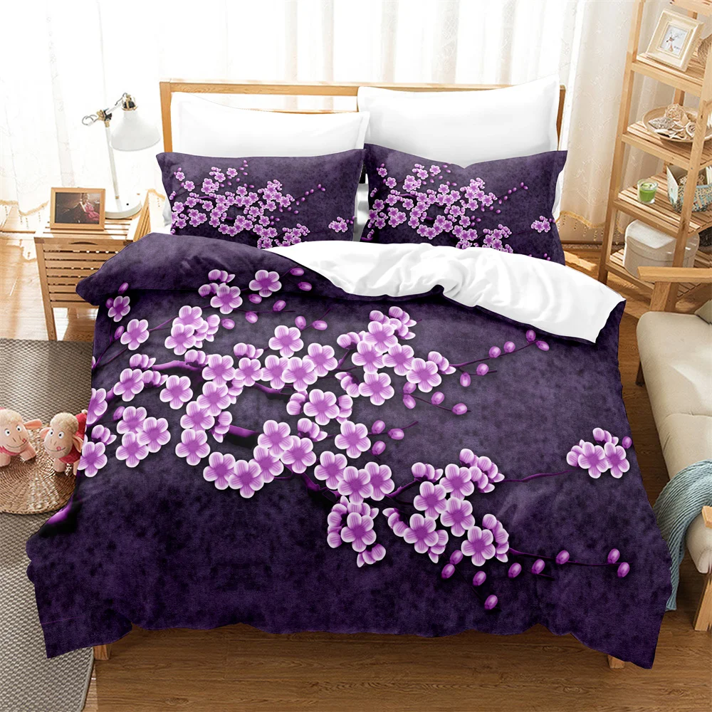 

3PCS Purple flower Bedding Sets Home Bedclothes Super King Cover Pillowcase Comforter Textiles Bedding Set