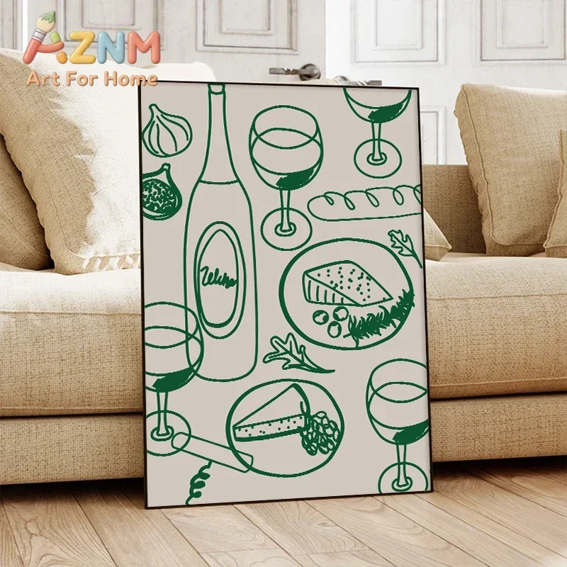 AZNM Green Line Art Wine Food Canvas Wall Art Abstract Kitchen Dining Theme Print Unframed Canvas Poster for Restaurant Home Wal