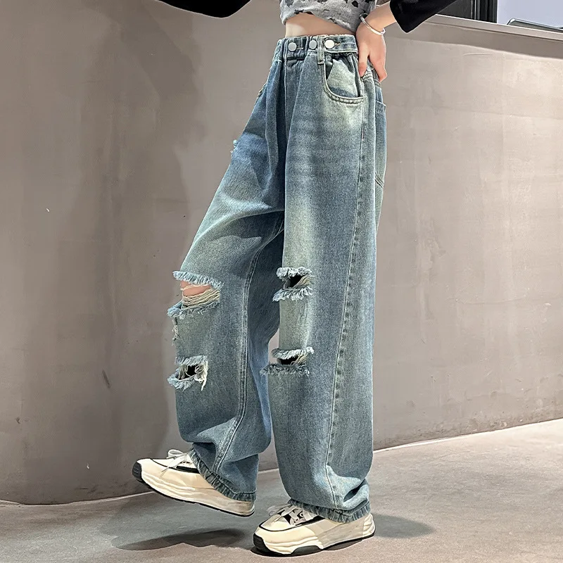 2024 Spring Autumn Kids Teen Denim Trousers Vintage Ripped Jeans for Girls Fashion High Waist Broken Hole Wide Leg Pants5-14Yrs