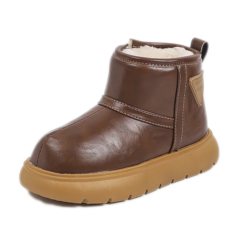 Botines para niños, botas de cuero de suela blanda con piel gruesa, botas cortas de moda para niños y niñas con cremallera lateral, invierno 2024