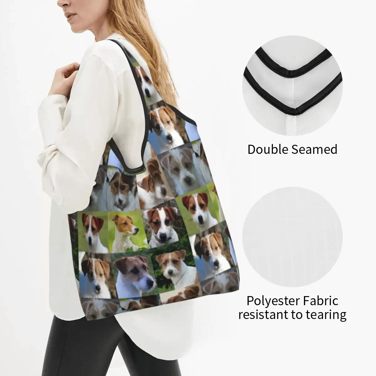 Custom Jack Russell Terrier Meme Collage Groceries Tote Shopping Bag Dog Lover Shoulder Shopper Bags Large Capacity Handbags