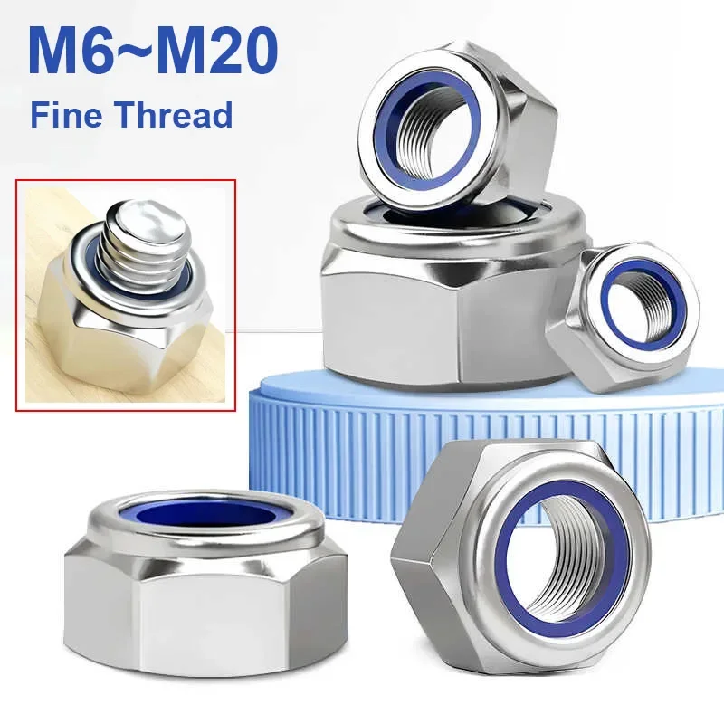 Fine Thread M6 M8 M10 M12 M14 M16 M20 DIN985 304 A2 Stainless Steel Hex Hexagon Nylon Insert Self Lock Nut Nylock Locknut