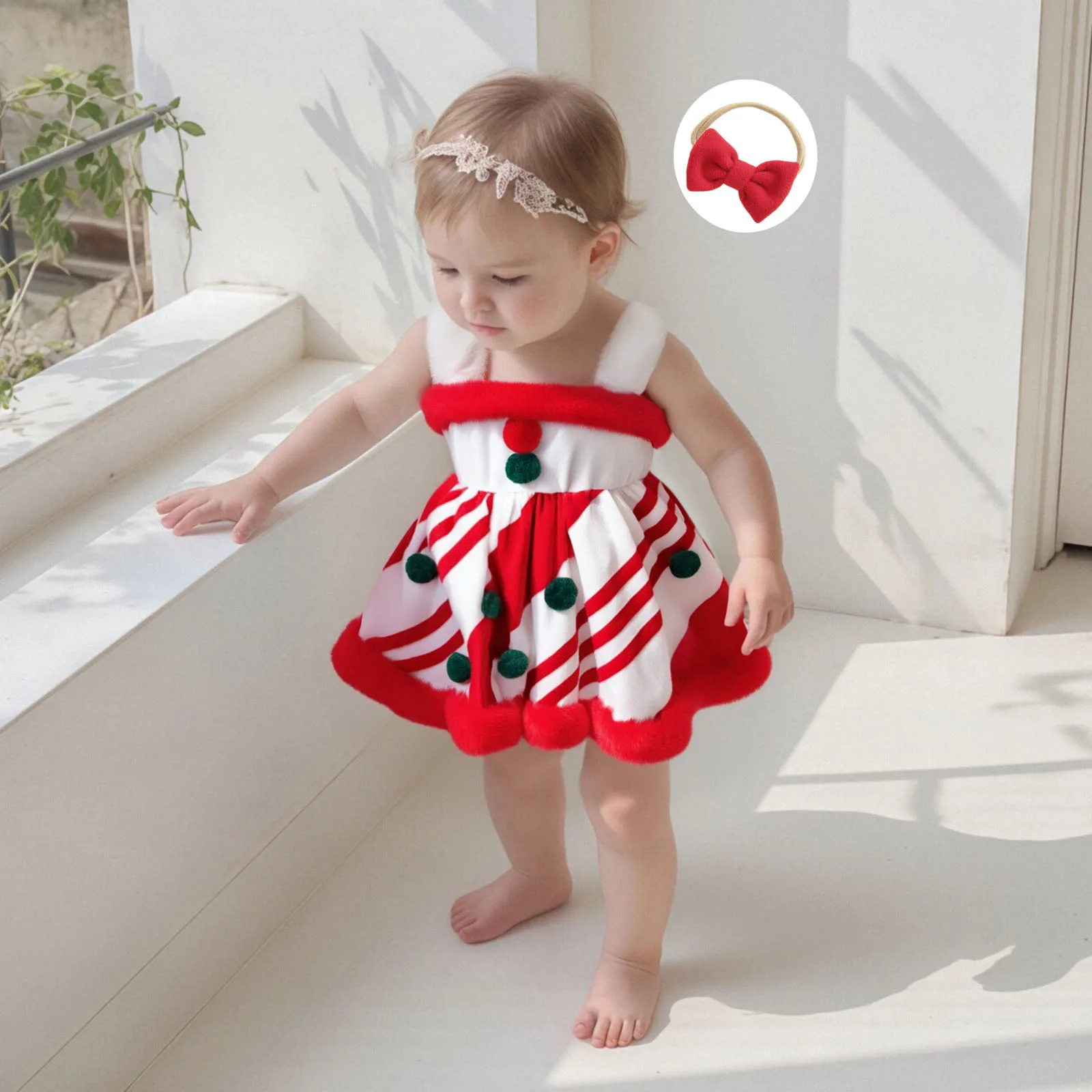 طفلة عيد الميلاد الزي طويلة الأكمام ساحة طوق الزنجبيل رجل رومبير فستان القوس عقال 2 قطعة مجموعة #4