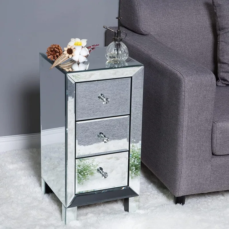 Mirrored Nightstand with 3-Drawers Silver Side End Table Set of 2 Mirrored Furniture for Small Space, Bedroom, Living Room