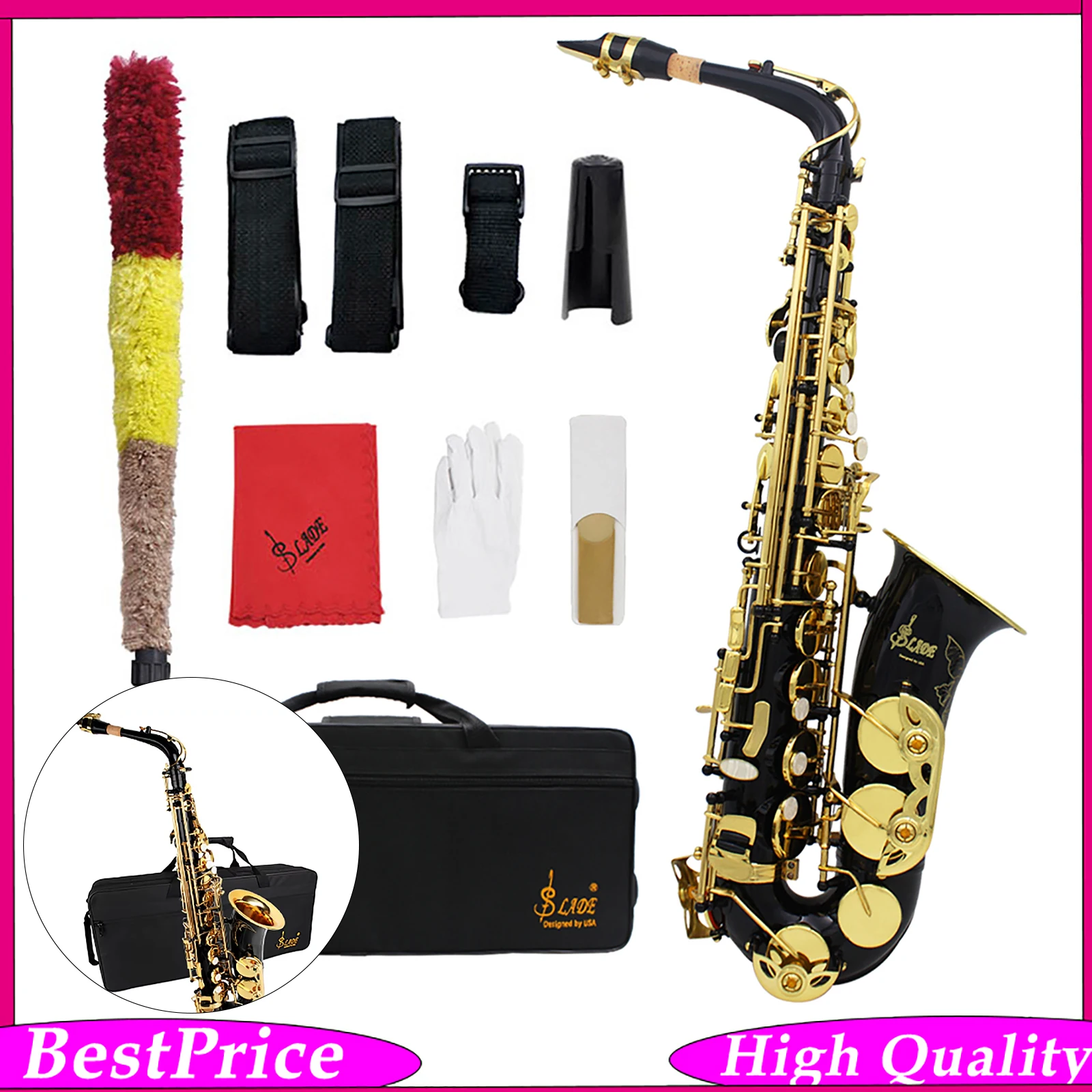 SLADE Eb Alto Saxophone Brass Gold Plated E Flat Professional Woodwind Instrument with Case Mouthpiece Reeds for Stage Studio