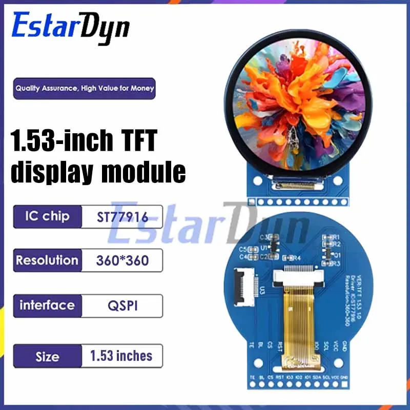 Estardyn 1.53 Inch Round TFT LCD Display 360x360 ST77916 QSPI Interface Color Screen for Smart Watch DIY