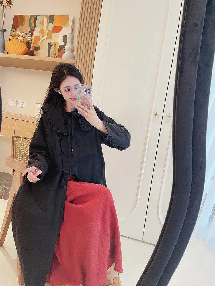 

Artistic Pure Linen Loose Coat with Buttoned Collar And Side Slits Women's Mid-Length Cotton Jaet Straight Cut Long Sve