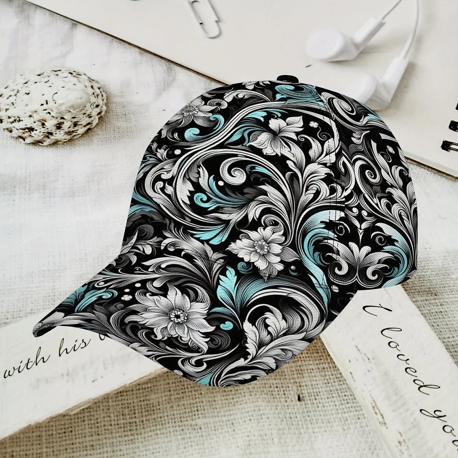 Turquoise Baroque Floral Print Baseball Cap Ornate Swirl Pattern Adjustable Dad Hat Breathable Sun Hat for Men Women
