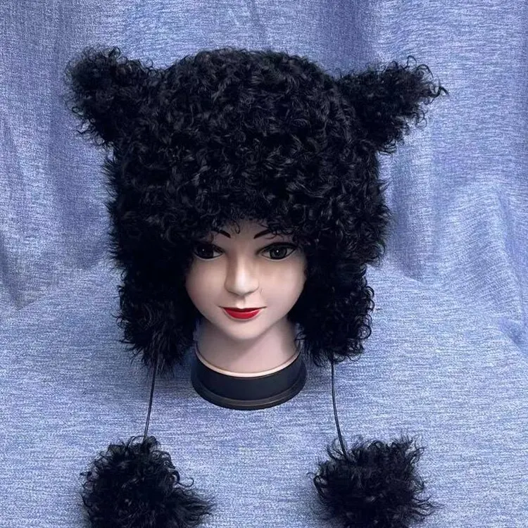 Warme Winter-Tiermotive Mütze aus Lockiger Wolle und Echtem Leder Neuer Stil für Männer und Frauen Gemütliche Echtpelz-Mütze für Kaltes Wetter – Detail 1
