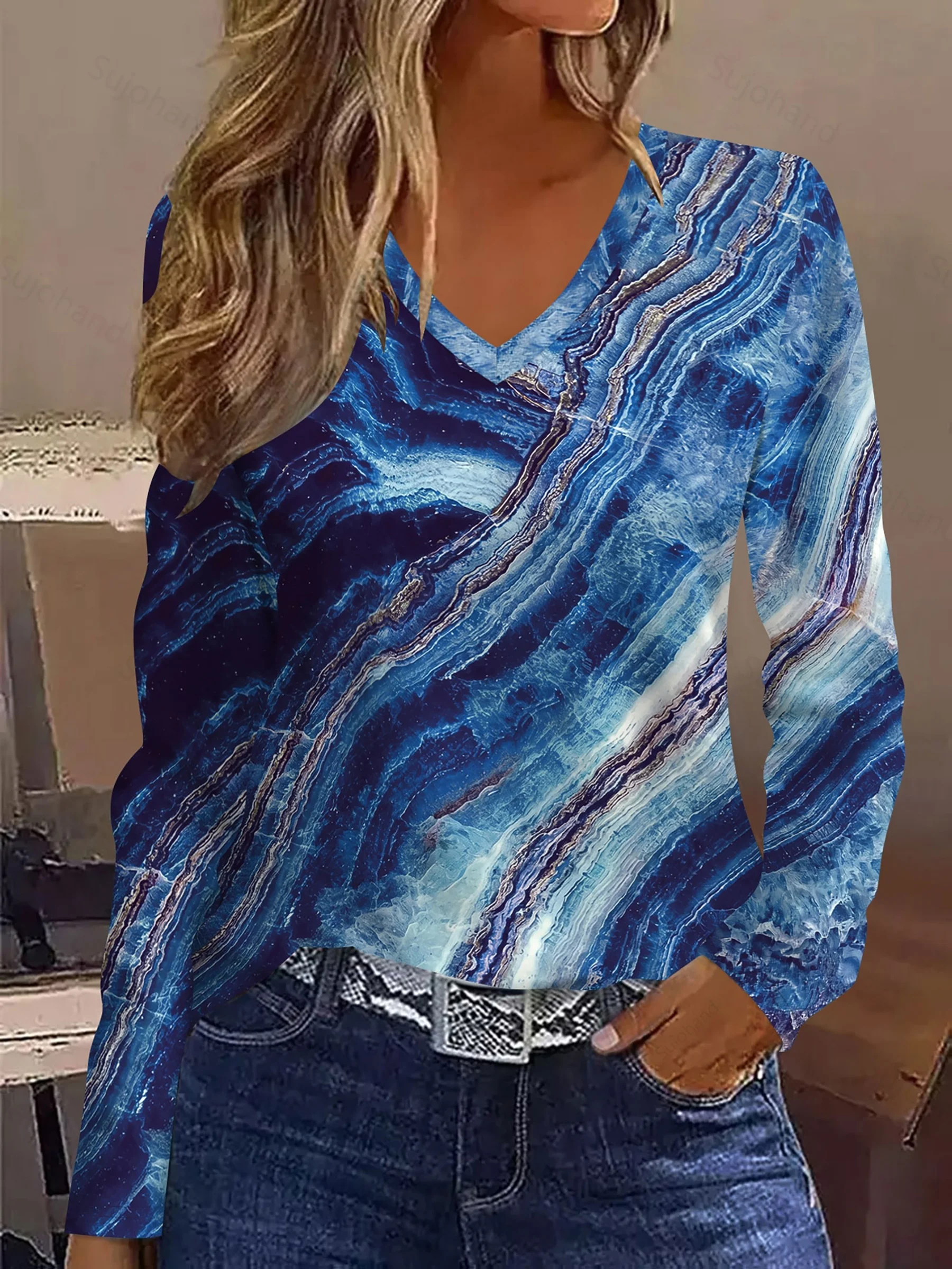 New Women V-Neck Long Sleeve T-shirt Blue Marble Wave Texture Street Print Casual Top Spring Autumn Ladies Daily Wear