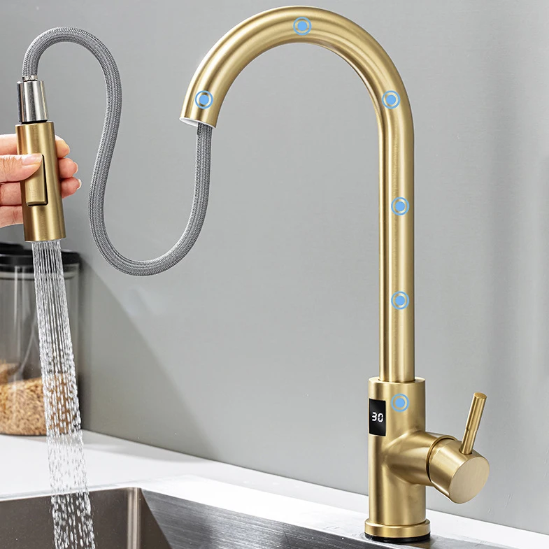 Brushed Gold Digital Touch Kitchen Sink Faucet with Pull Down Sprayer Stainless Steel Smart Touch on Digital Kitchen Faucets Tap