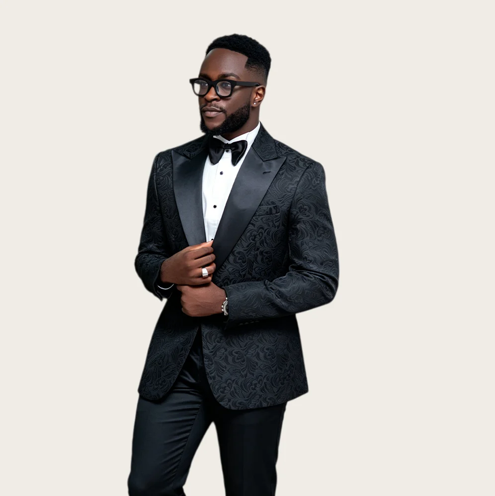 

Black Jacquard Wedding Men's Suits 2 Pieces Blazer with Peaked Lapel Single Breasted Slim Fit Prom Tuxedo Jacket+Pants Cusomized