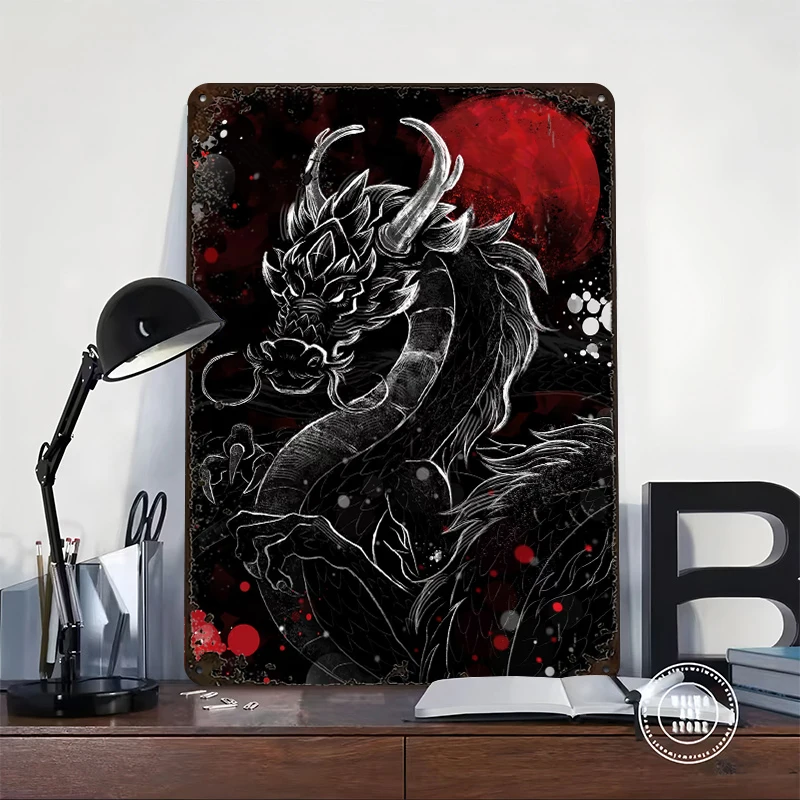Dragon With Red Moon Digital Art 3D Texture Tinplate Poster Customized Wall Art Vintage Metal Signs for Fans Office Decor Room