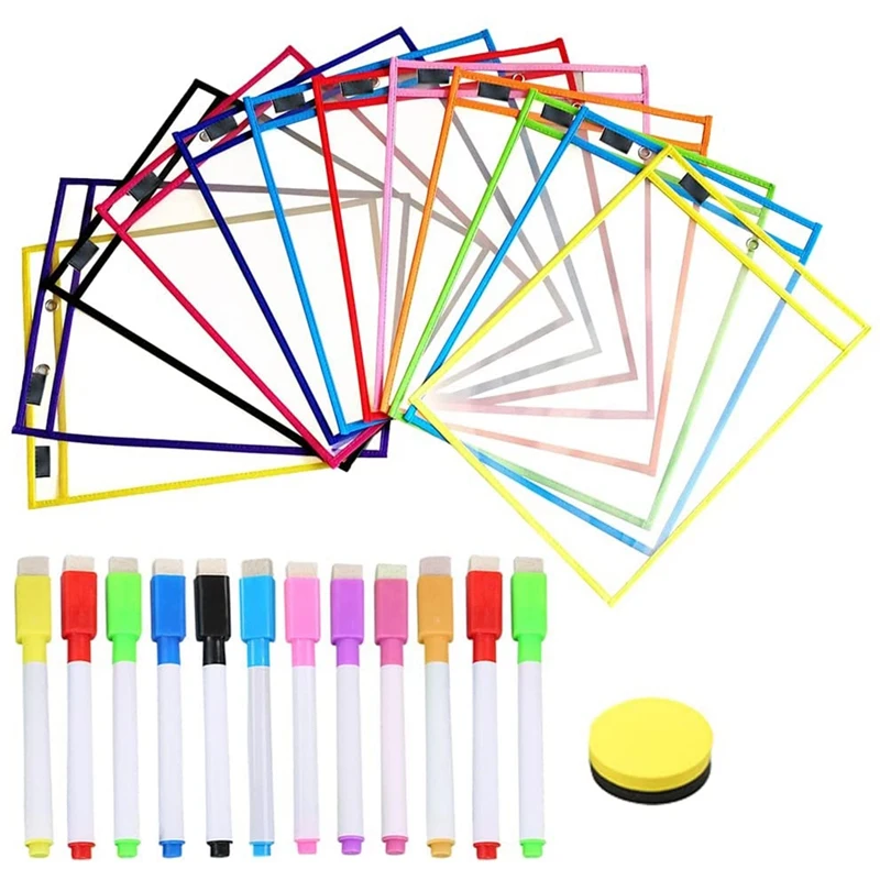 12 Pieces Dry Erase Bags,Reusable Learning And Collecting Bags With 12 Pen Holders And 1 Eraser For Classrooms, Painting