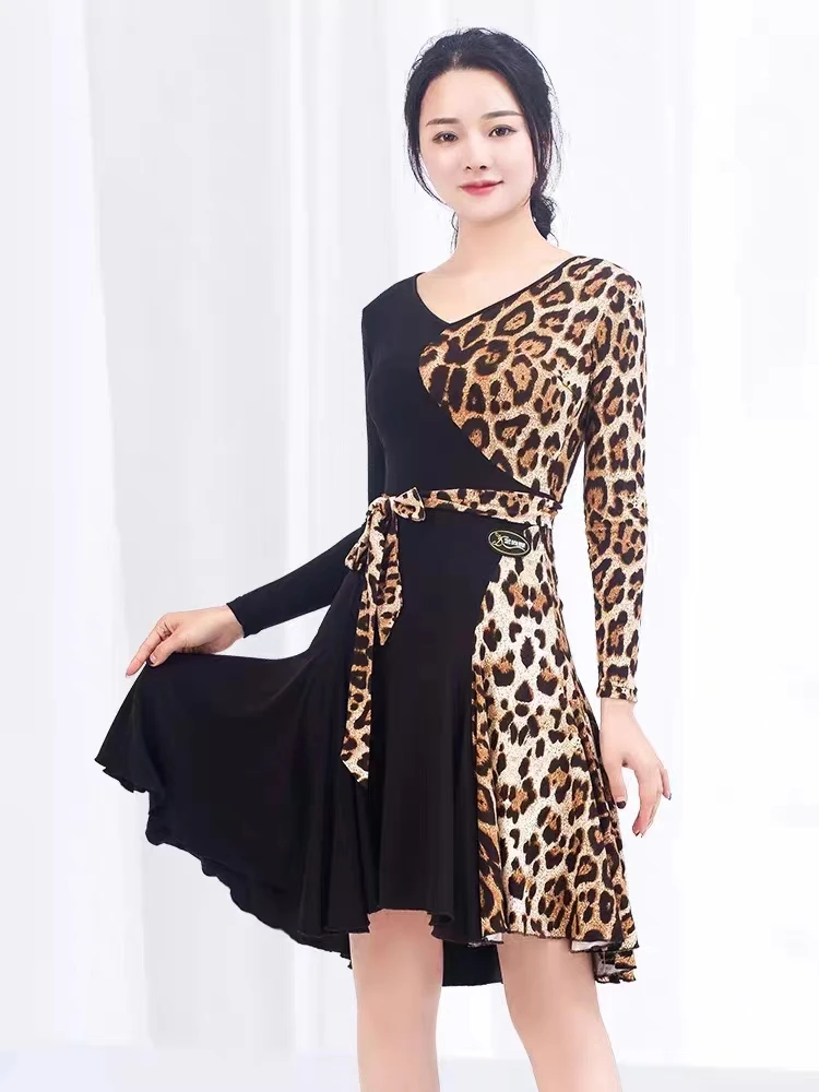 

New leopard-print national standard modern dance practice dress ballroom training costume waltz conjoined dress Gitba costume