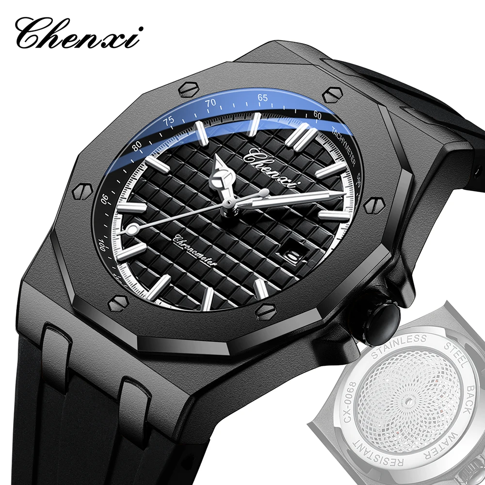 CHENXI Fashion Waterproof Sport Mens Watches Balck Silicone Strap Skeleton Sweep Second Movement Quartz Wristwatches For Men