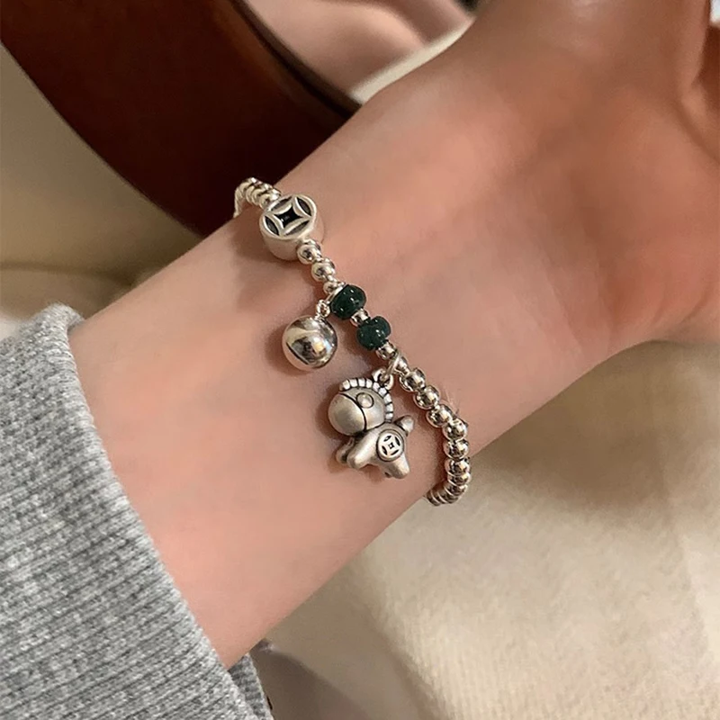 

925 Sterling Silver Bracelet Horse Coin Beaded Elastic Green Good Wish For Woman Girl Fashion Jewelry Gift Dropship Wholesale