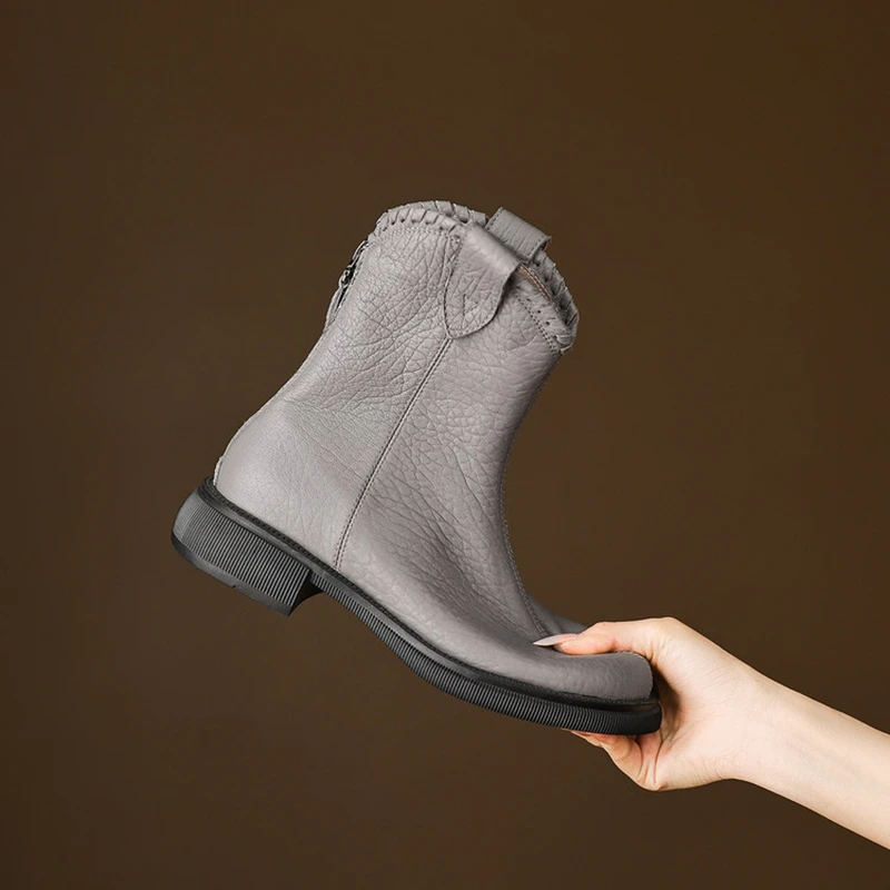 NEW Autumn Women Boots Round Toe Chunky Heel Shoes Genuine Leather Shoes for Women Zipper Short Boots Casual Sewing Daily Shoes