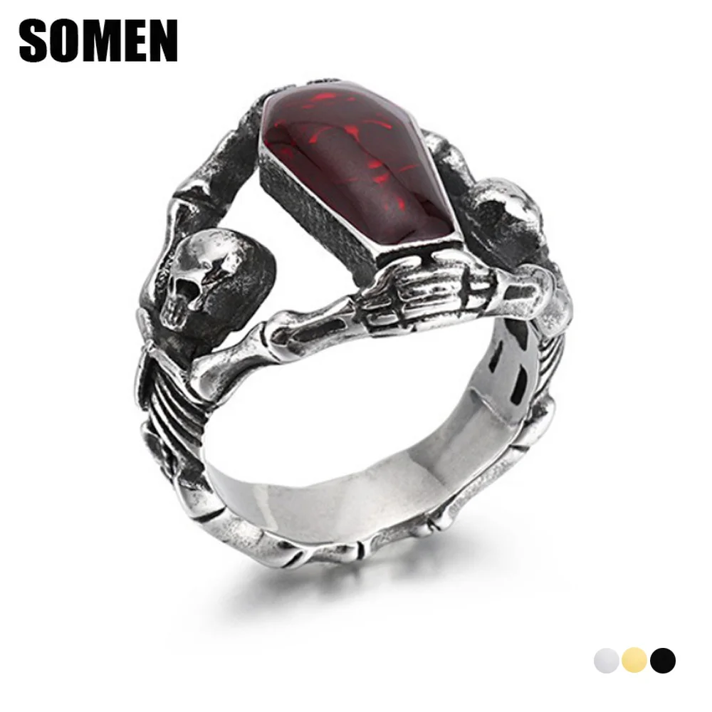 Somen Vintage Halloween Geister-Skelett-Totenkopf-Ringe für Männer, Gothic Punk Edelstahl Rock Biker Fingerring, Party-Schmuck Geschenk